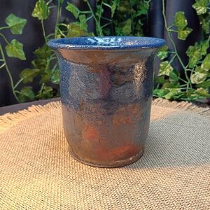 RAKU pottery 5 .5" Cobalt Midnight Blue Copper Orange Irridescent, Signed L.L.